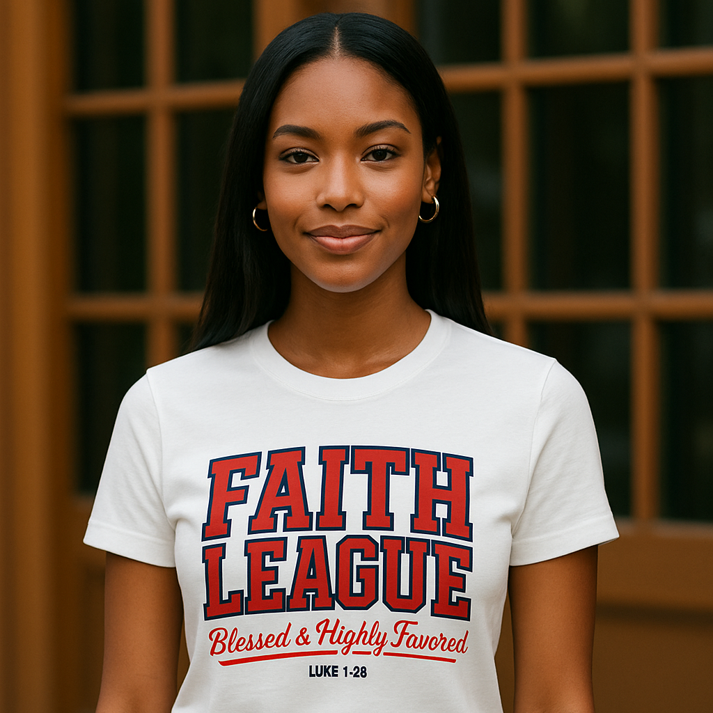 Person wearing a white t-shirt with 'Faith League' text, standing against a wooden paneled background.