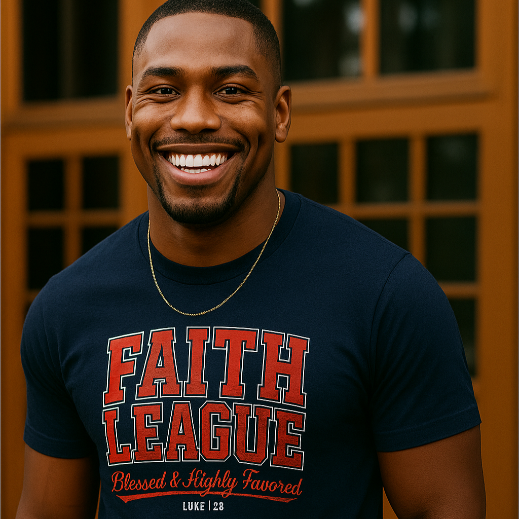 Man wearing a navy blue t-shirt with 'Faith League' text, standing in front of a wooden door.
