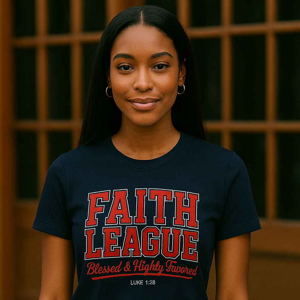 Person wearing a black t-shirt with 'Faith League' text and jeans indoors.