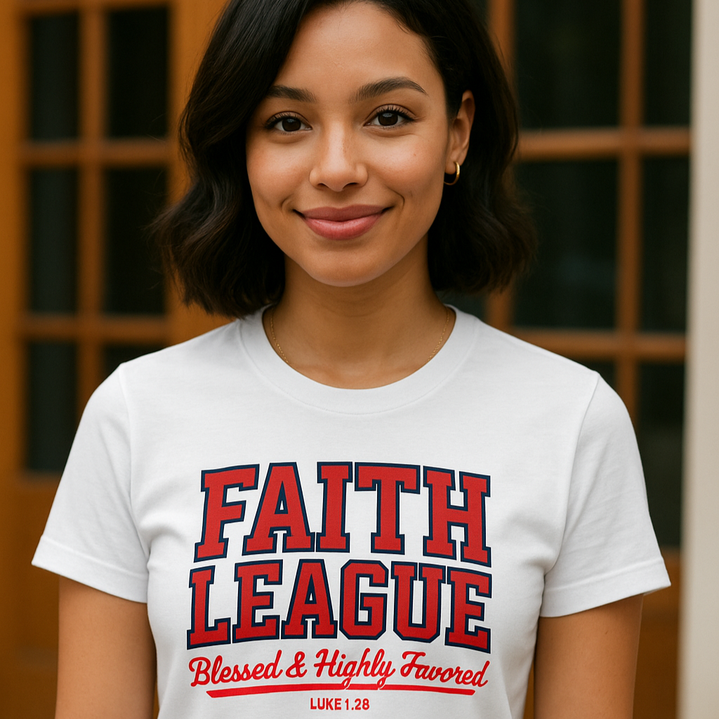Woman wearing a white t-shirt with 'Faith League' text, standing in front of a wooden door.