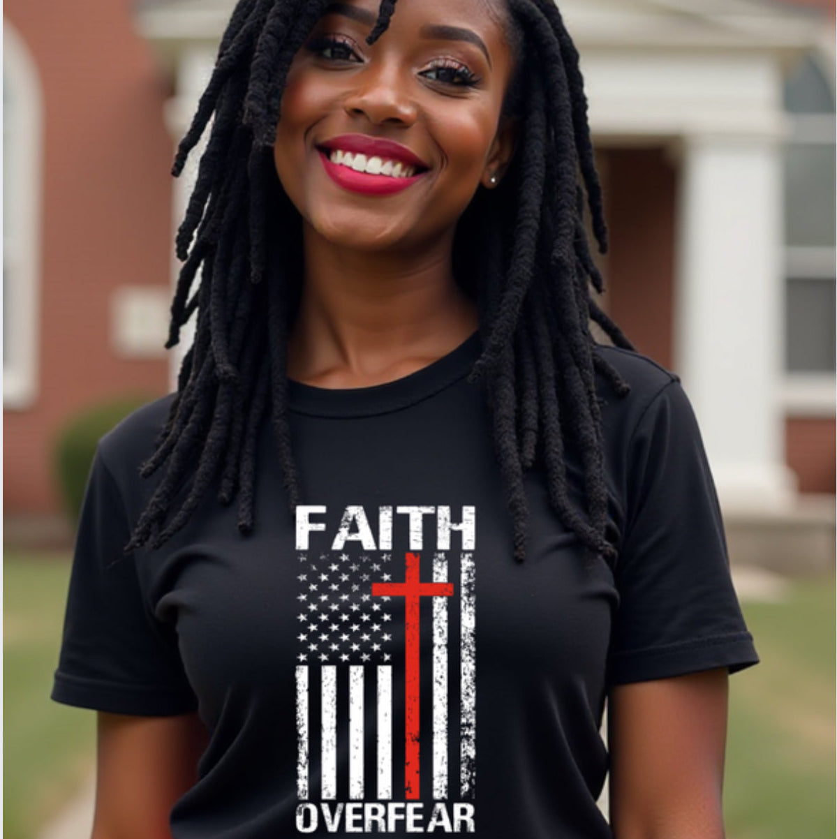Woman wearing a black t-shirt with 'Faith Over Fear' design outdoors.