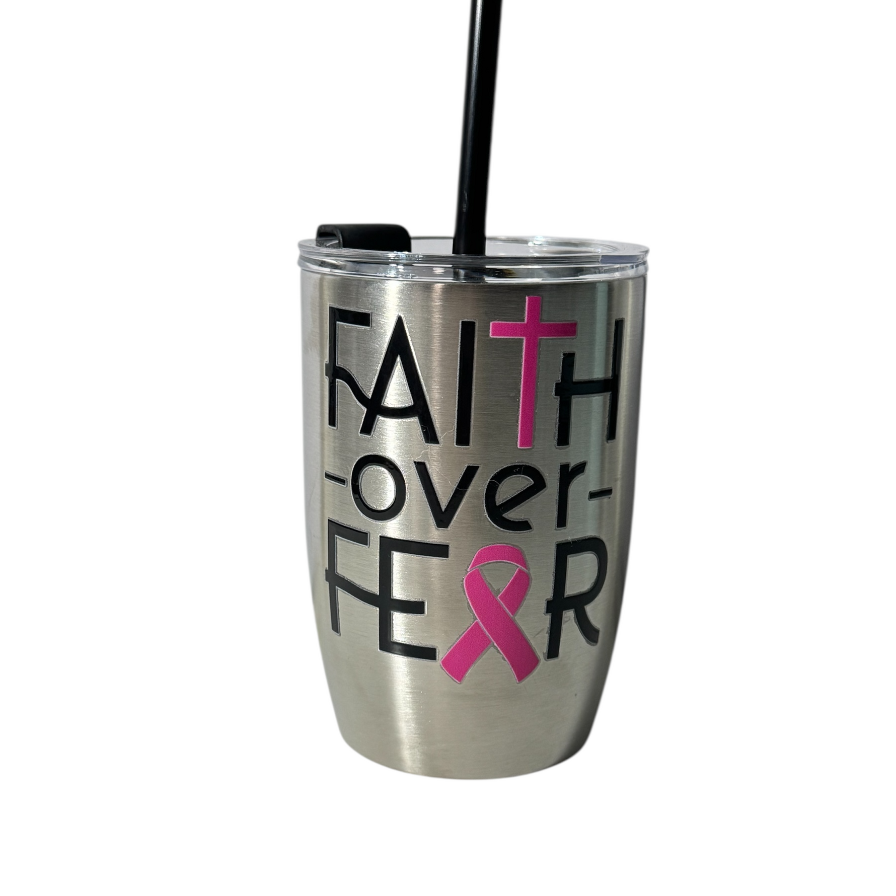 Stainless steel tumbler with 'Faith over Fear' text and pink ribbon design on a white background