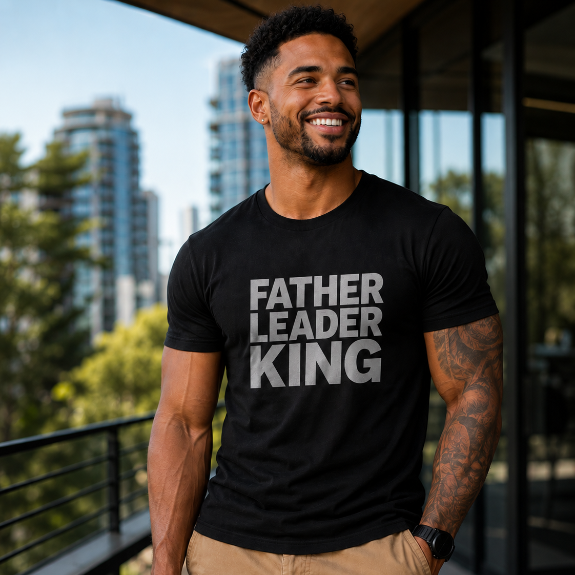 Man wearing a black t-shirt with 'FATHER LEADER KING' text, standing outdoors with buildings in the background.