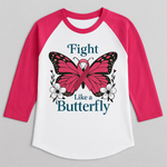 Pink and white baseball shirt with butterfly design and text on a blue-green background