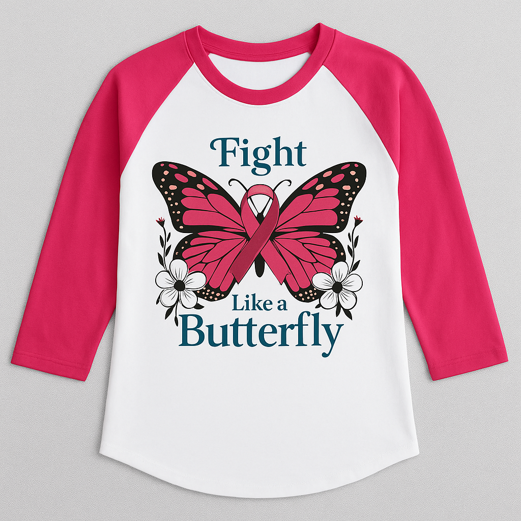 Pink and white baseball shirt with butterfly design and text on a blue-green background