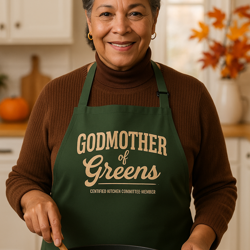 Woman in a kitchen wearing a green apron with 'Godmother of Greens' text, cooking greens.