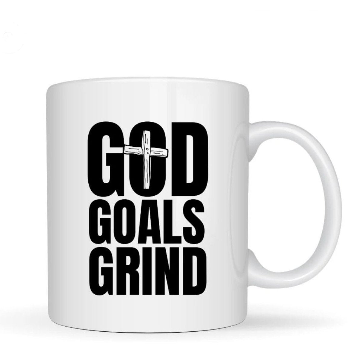 GOD GOALS GRIND WHITE COFFEE CUP