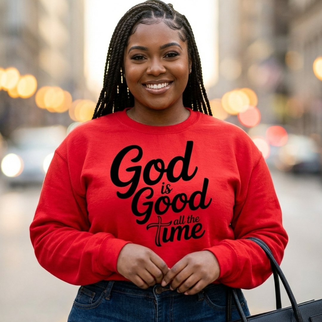 Woman wearing a red sweatshirt with 'God is Good All the Time' text, standing on a city street.