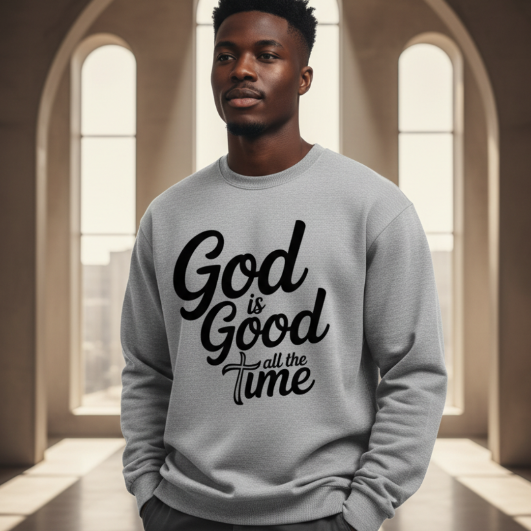 Man wearing a gray sweatshirt with 'God is Good all the time' text in an architectural setting