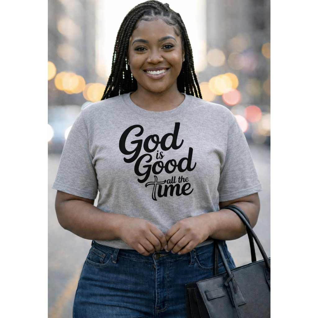 Woman wearing a gray t-shirt with 'God is Good all the time' text, standing outdoors.
