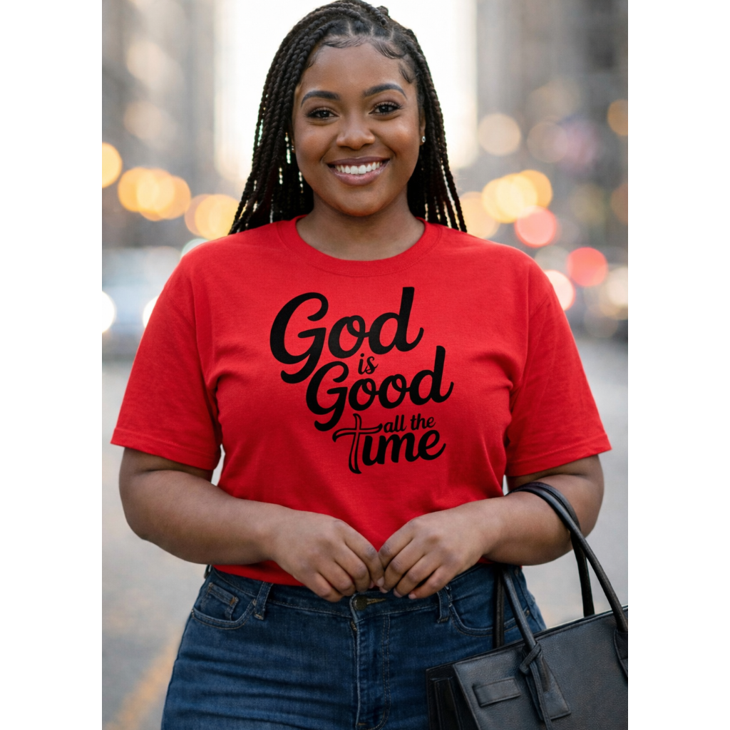 Woman wearing a red t-shirt with 'God is Good all the Time' text, standing outdoors with blurred lights in the background.