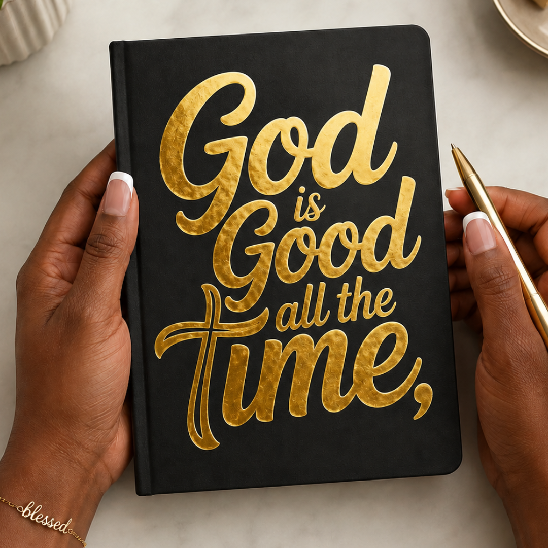 Black notebook with 'God is Good all the time' in gold on a light surface.