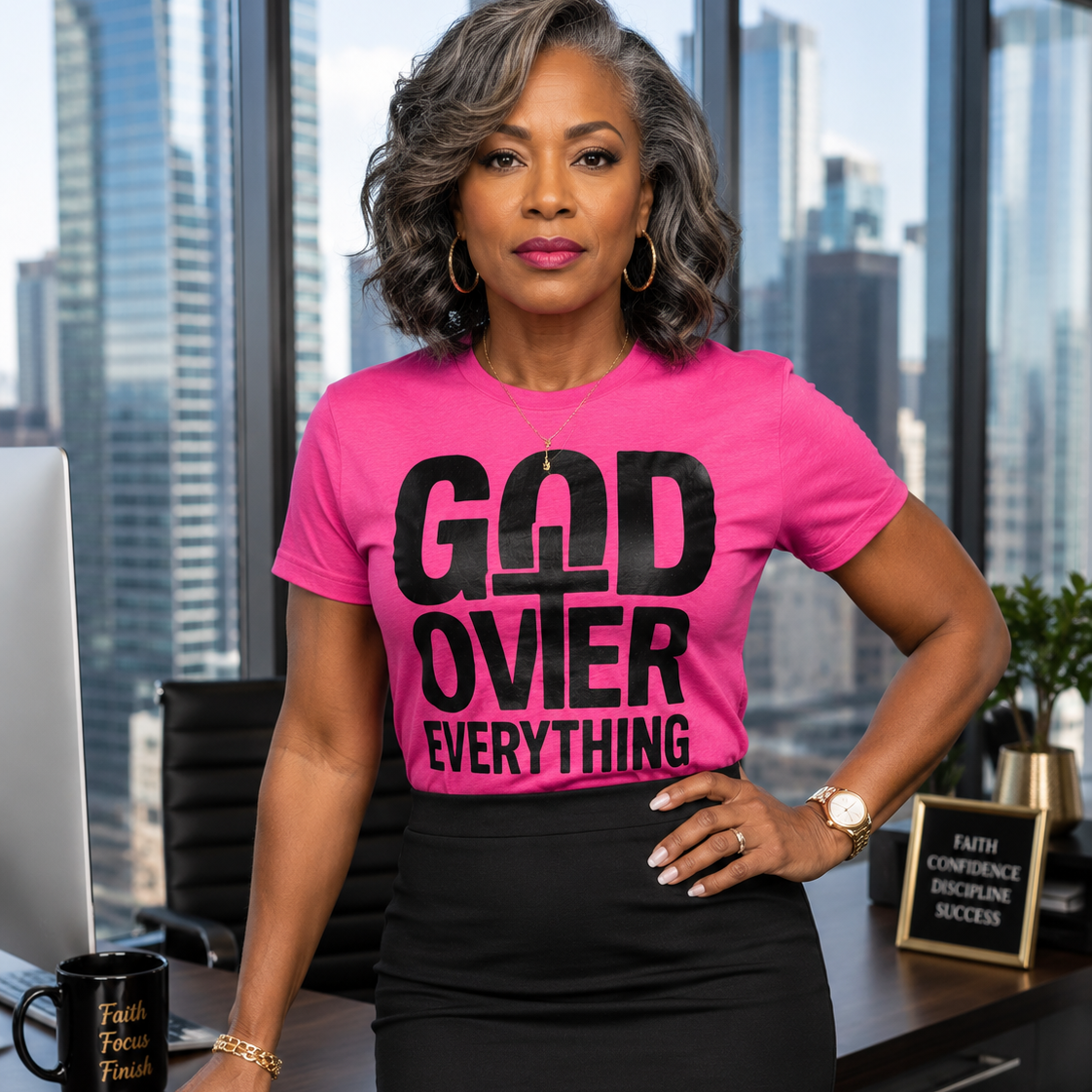 A woman standing in an office setting wearing a bright pink t-shirt with the text 'GOD OVER EVERYTHING' in bold black letters, paired with a black skirt.