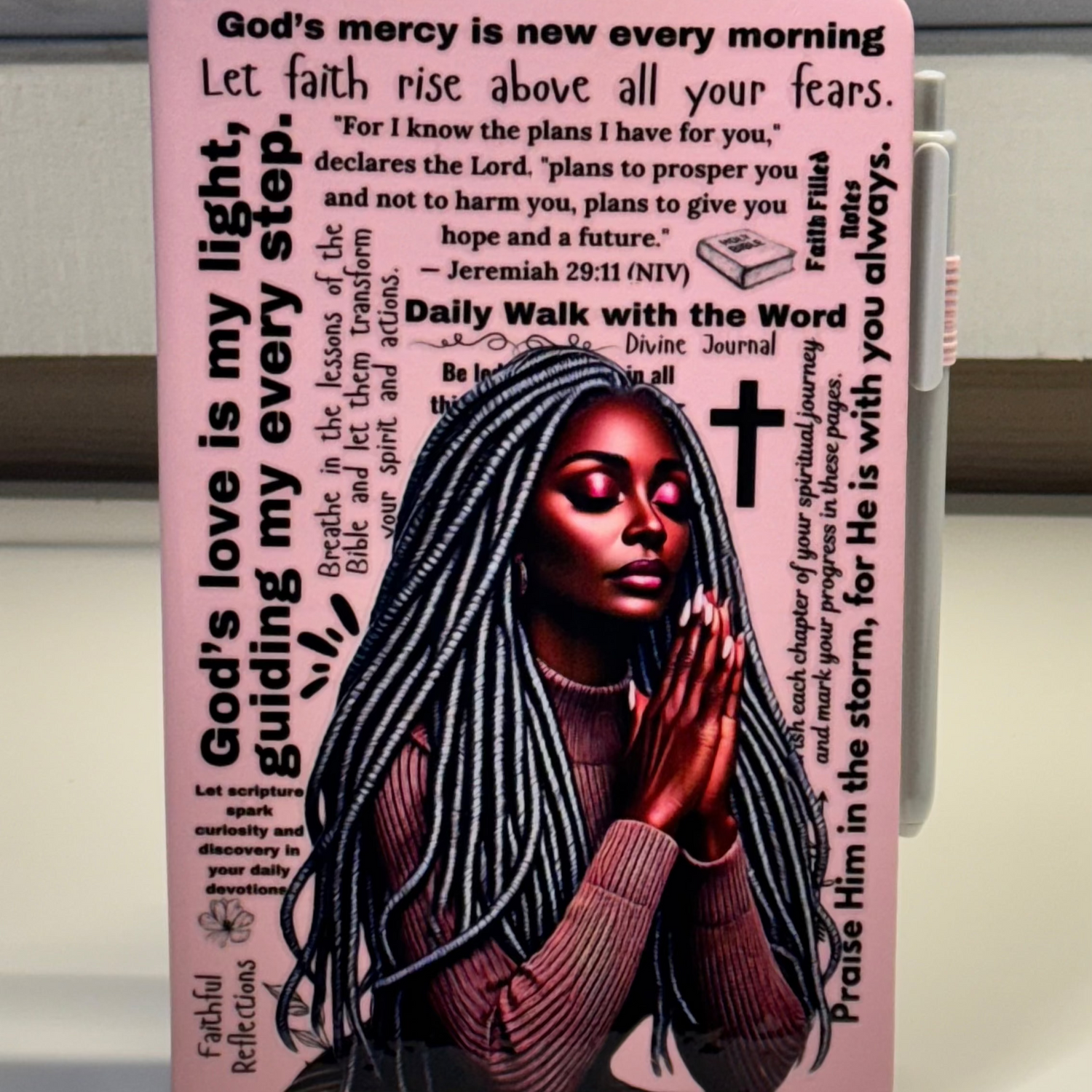 Pink JOURNAL with a woman's face GOD'S MERCY IS NEW EVERY MORNING PINK JOURNAL