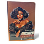 Notebook with a cover featuring an illustration of a woman and motivational books on a white background