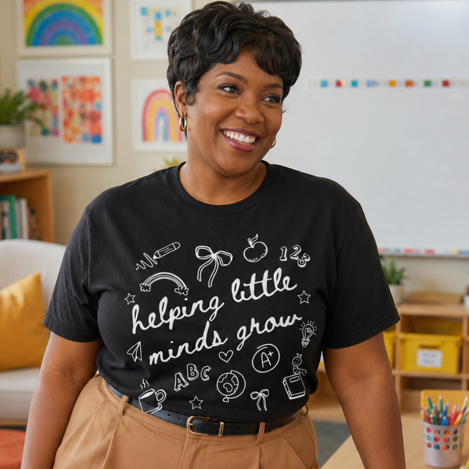 A smiling woman with short dark hair stands in a classroom setting wearing a black graphic T-shirt with white chalk-style writing that reads 'helping little minds grow' and tan pants.