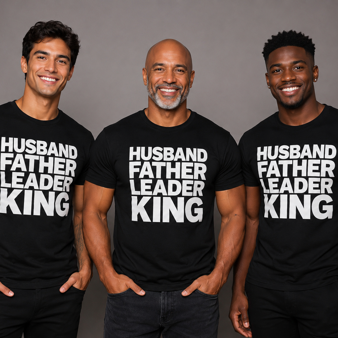 Three men wearing black t-shirts with 'HUSBAND FATHER LEADER KING' text on a gray background