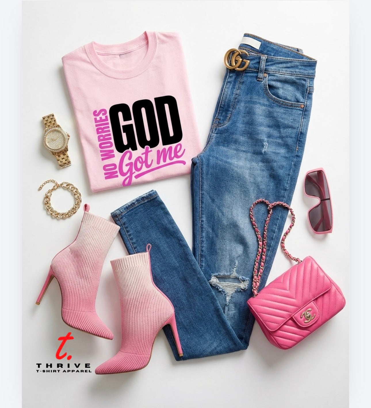NO WORRIES GOD GOT ME PINK T-SHIRT