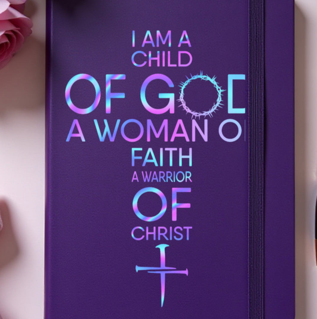 Purple notebook with motivational quote I AM A CHILD OF GOD WOMAN OF FAITH