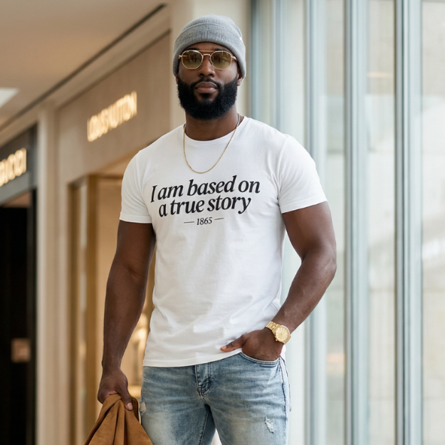 Man wearing a white t-shirt with text, blue jeans, and brown boots in a mall.