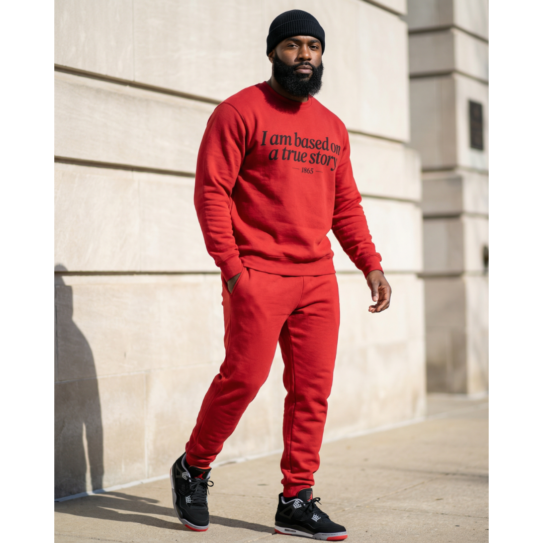 Man wearing a red sweatshirt and pants with text, standing against a light-colored wall.