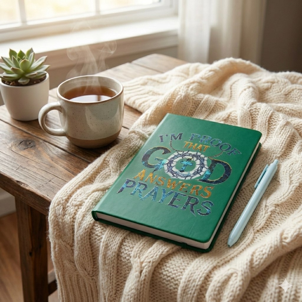 Green notebook with 'I'm proof that God answers prayers' quote on a blanket next to a steaming cup of coffee.