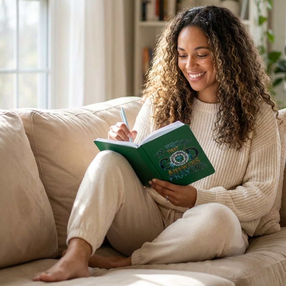 Woman sitting on a couch holding a green book in a bright room with plants and books in the background.