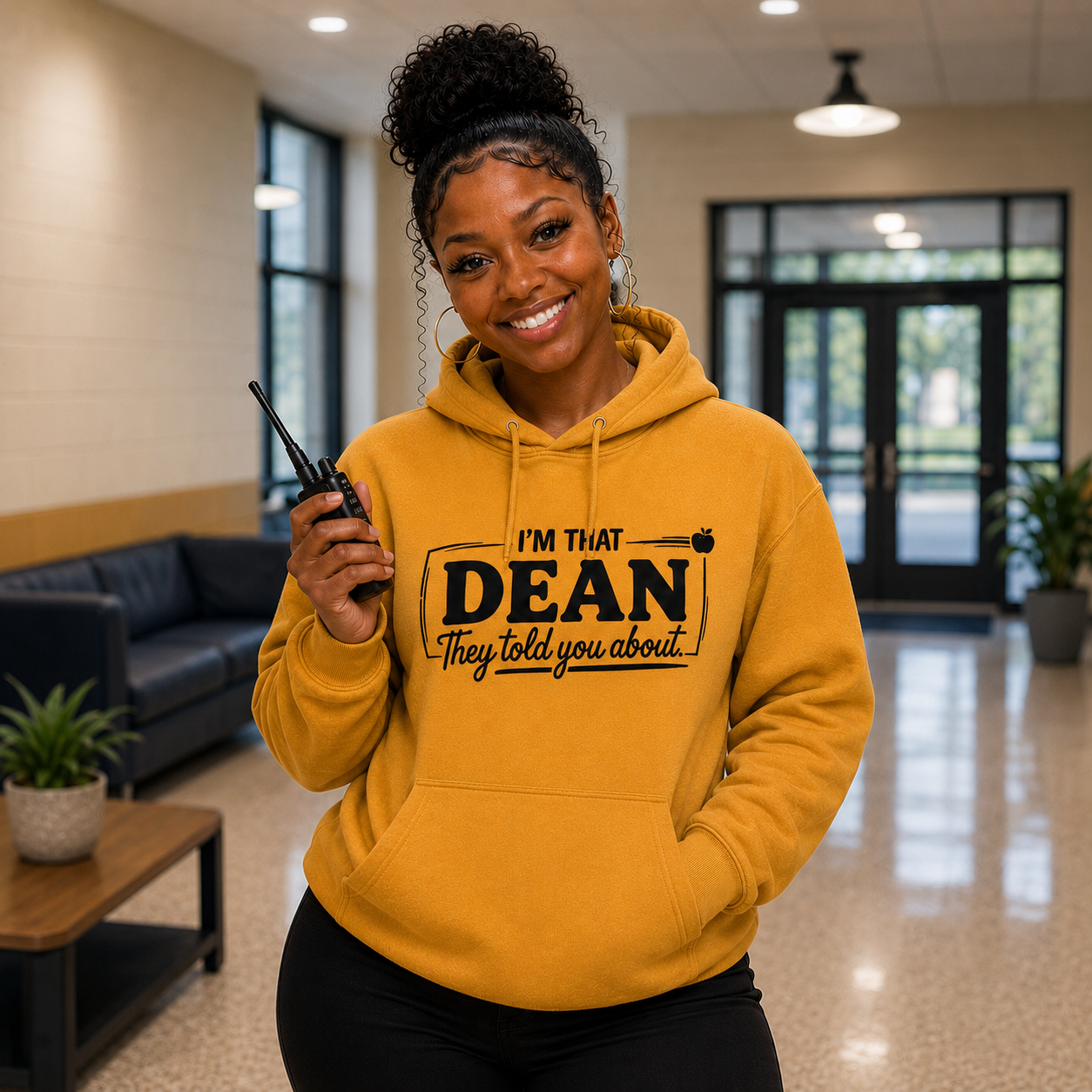 A woman stands in a modern office lobby wearing a mustard yellow hoodie with a black graphic that reads 'I'M THAT DEAN They told you about!'. She is holding a black walkie-talkie.
