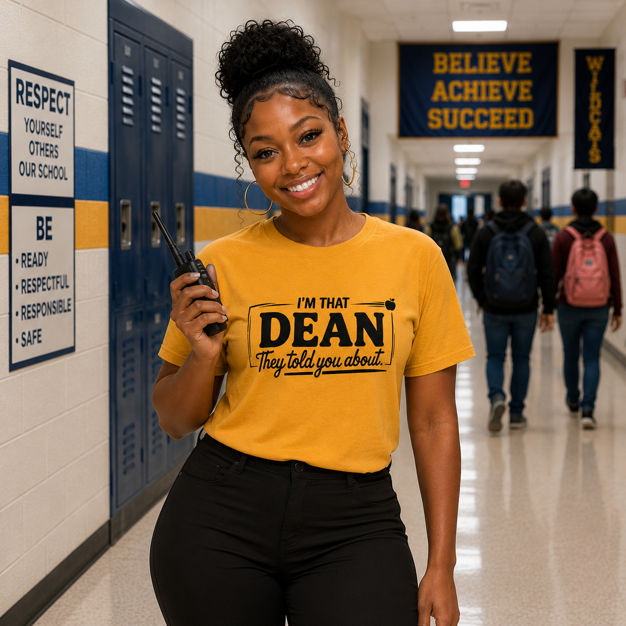 A smiling woman stands in a school hallway wearing a bright yellow graphic T-shirt that reads 'I'M THAT DEAN They told you about.' She holds a walkie-talkie and wears black pants.