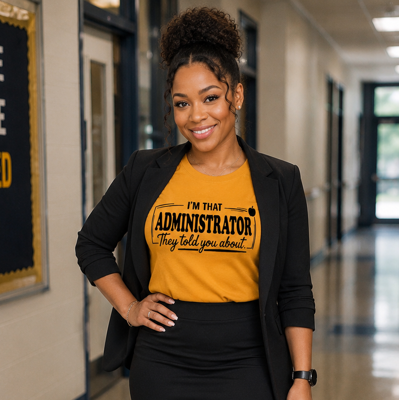 A woman stands in a school hallway wearing a black blazer, black pencil skirt, and a mustard yellow graphic T-shirt that reads, 'I'M YOUR ADMINISTRATOR They'll tell you about.'.