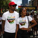 Two people wearing 'Juneteenth Blackity Black' t-shirts at a protest or rally.