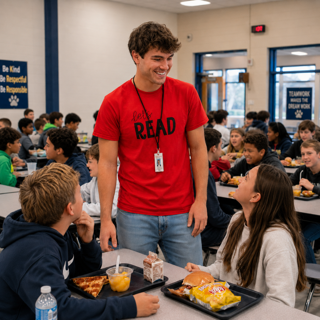 A smiling young man in a red graphic t-shirt and jeans stands in a school cafeteria, looking up at a girl wearing a white sweatshirt. Two boys seated at the table look at him.