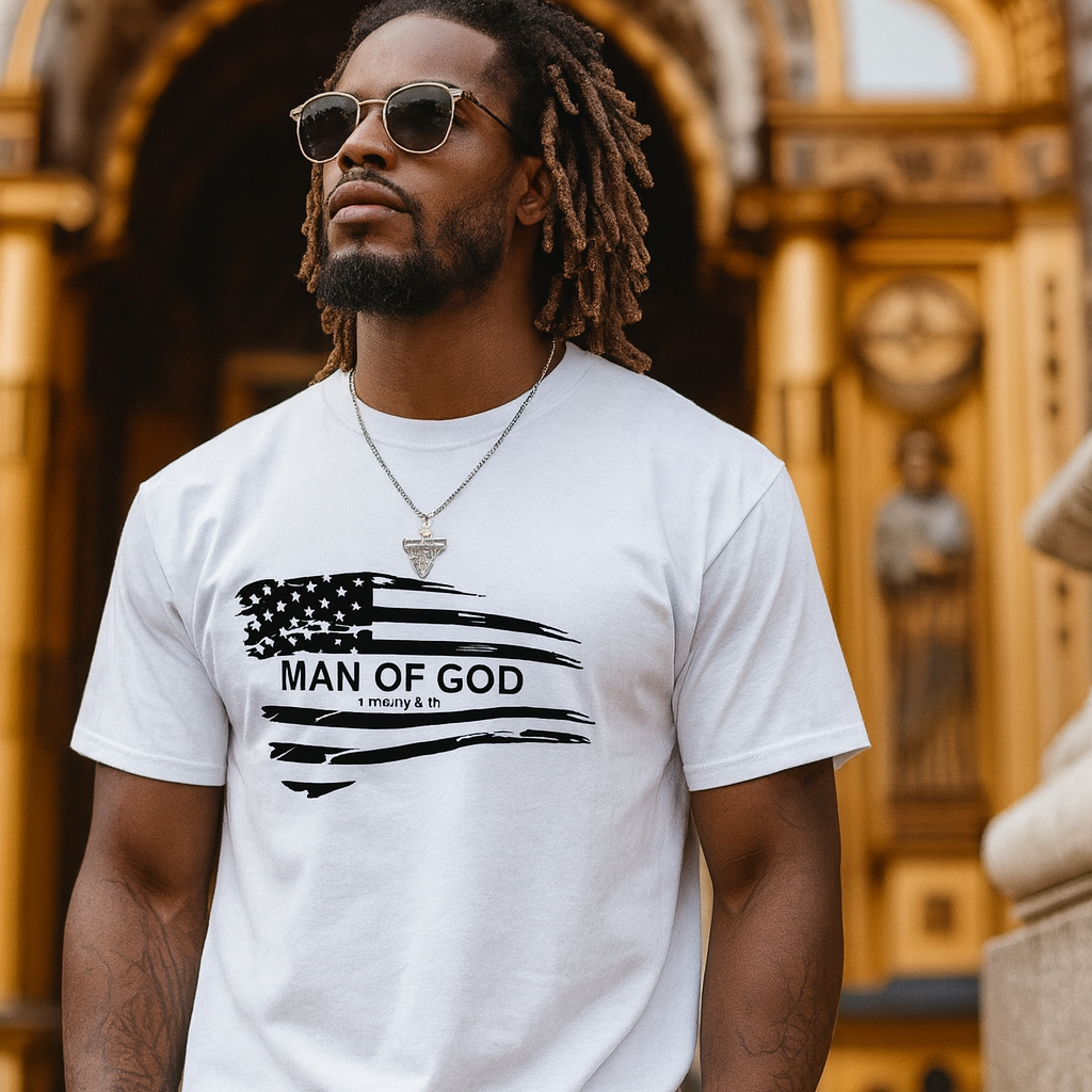 Man wearing a white t-shirt with 'Man of God' design in front of an ornate building.