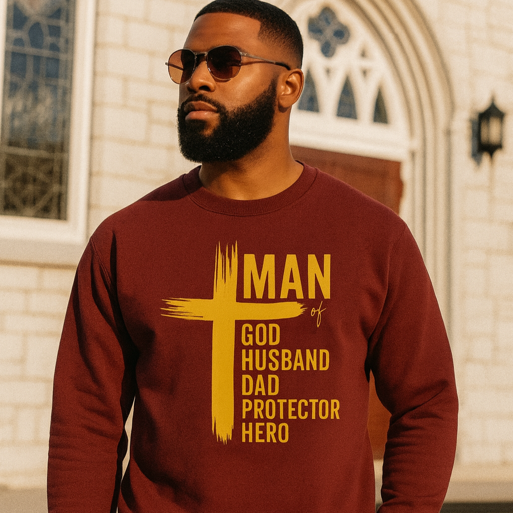 Man wearing a maroon sweatshirt with yellow text in front of a church.