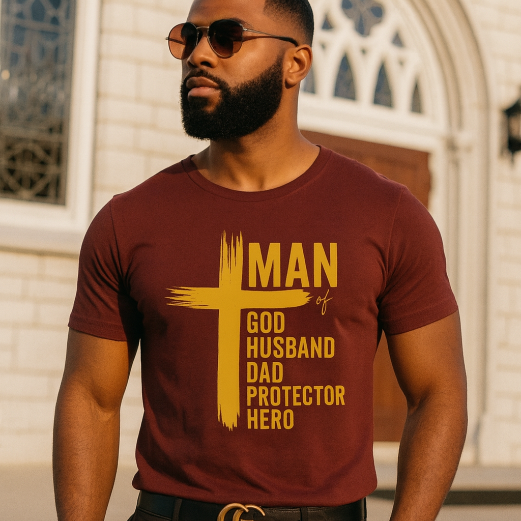 Man wearing a maroon t-shirt with yellow text standing in front of a building.