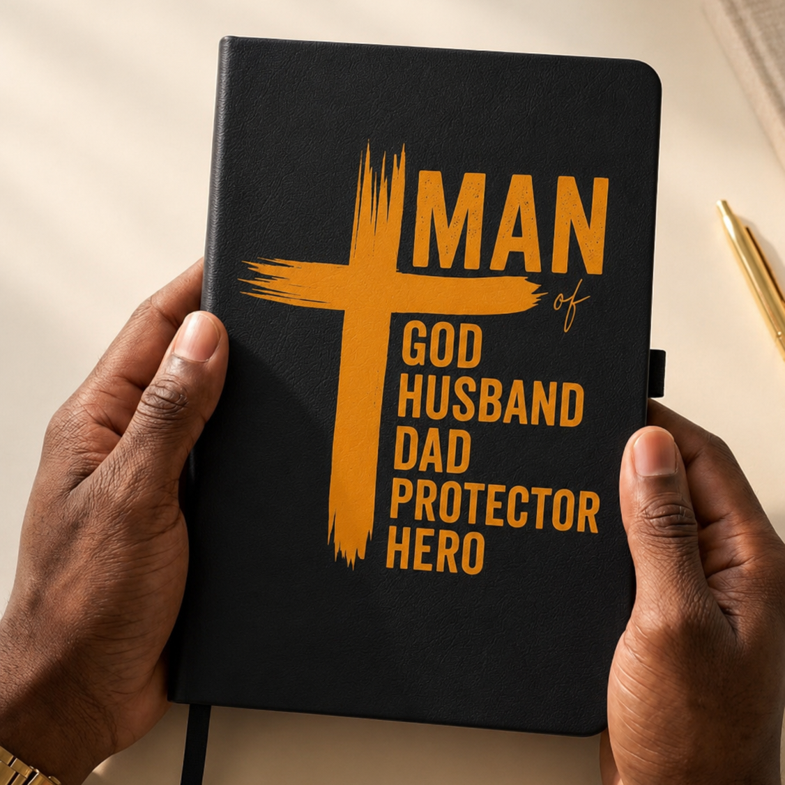 Black notebook with yellow text held by hands on a light background