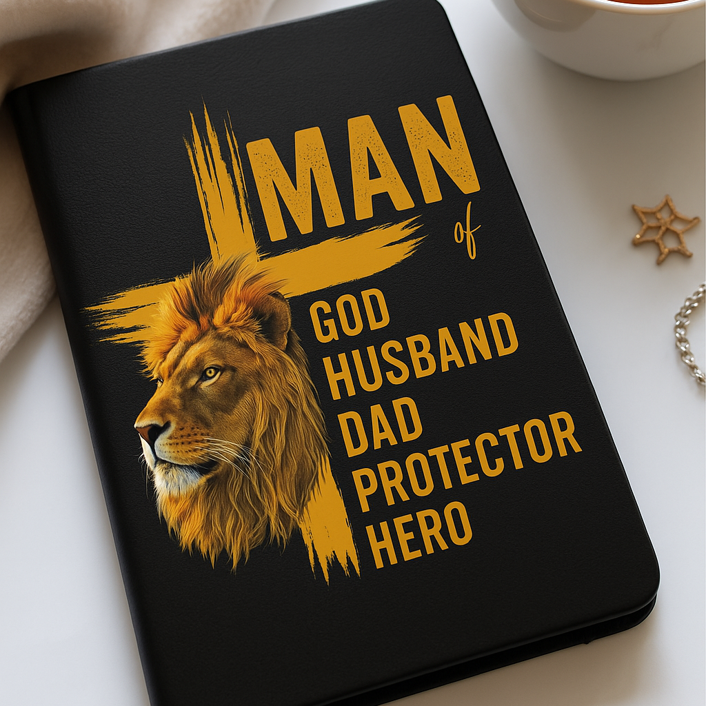 Black notebook with a lion design and text on a white surface with a cup of tea.