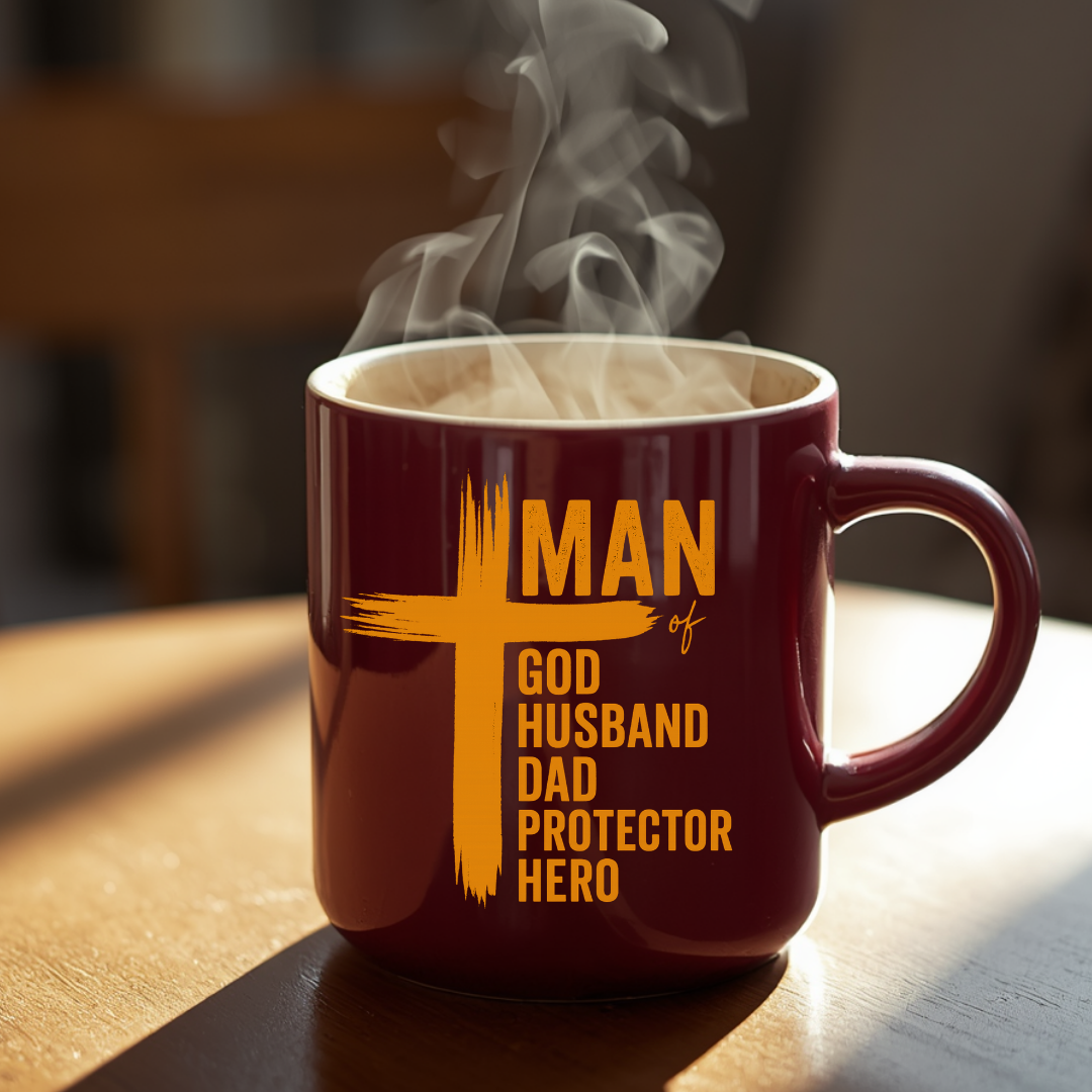Red mug with steam rising, featuring text 'Man of God Husband Dad Protector Hero' on a blurred background.