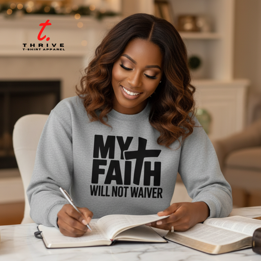 Woman wearing a sweatshirt with 'My Faith Will Not Waiver' text, sitting at a table with books and a pen.