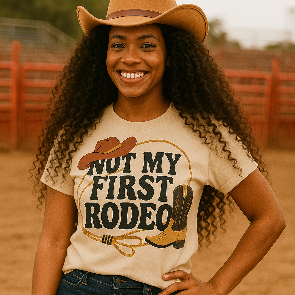 Woman wearing a beige cowboy hat and 'Not My First Rodeo' t-shirt in a dirt arena.