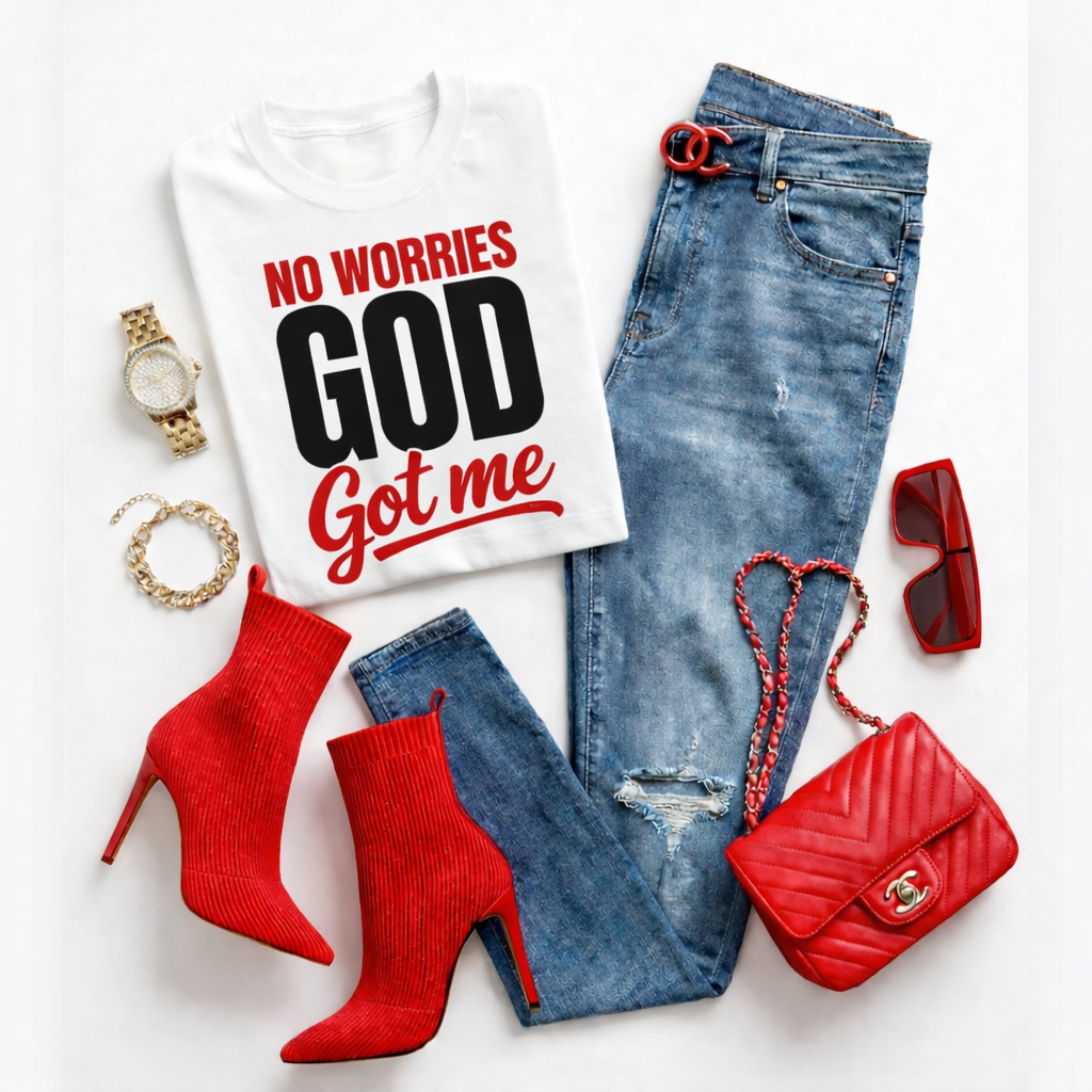 White t-shirt with 'No Worries God Got Me' text, red high-heeled boots, blue jeans, red handbag, sunglasses, and watch on a white background.