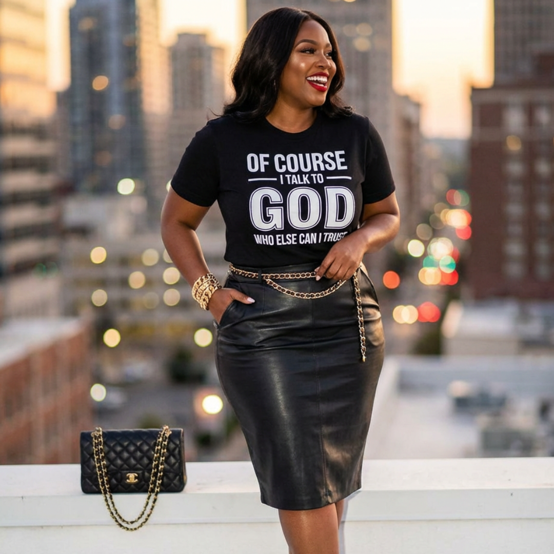 Woman wearing a black t-shirt with text and a leather skirt on a rooftop with cityscape background