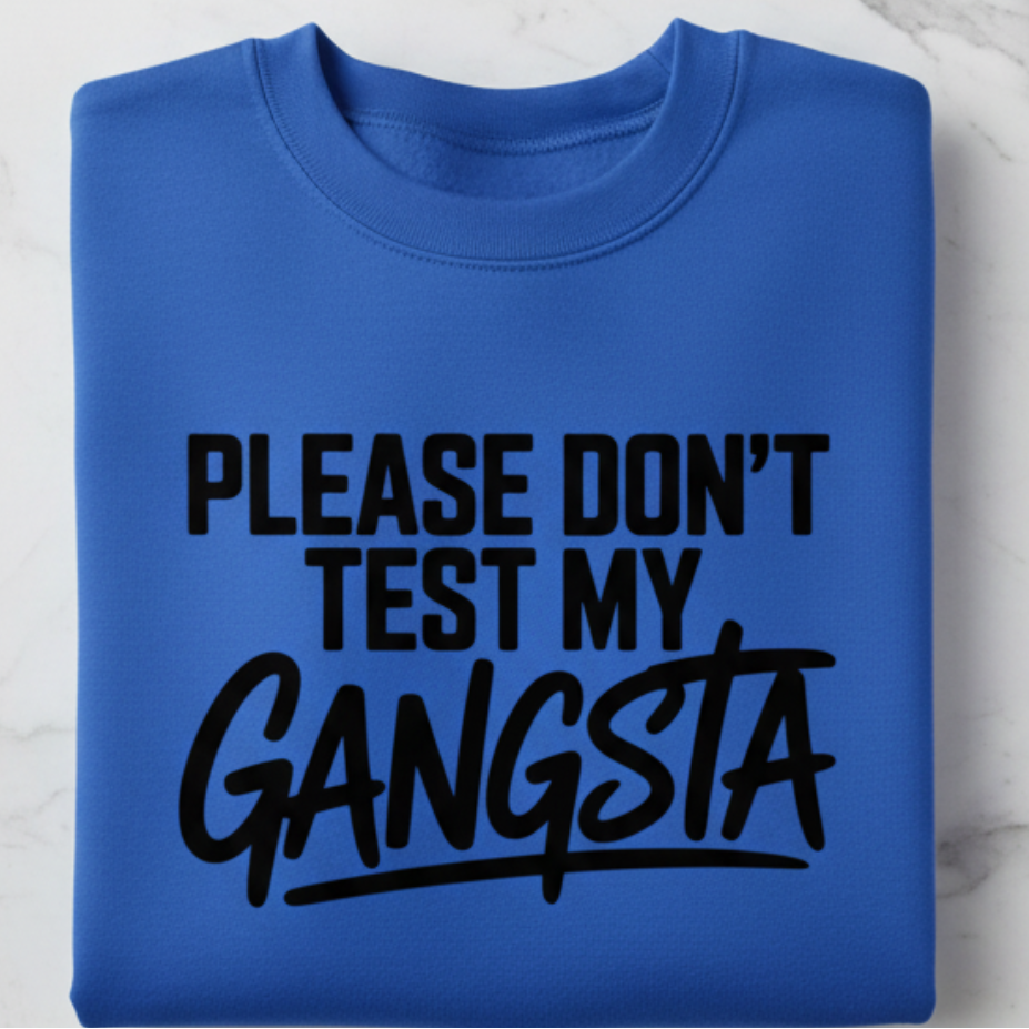 Blue sweatshirt with text 'PLEASE DON'T TEST MY GANGSTA' on a marble surface, with sunglasses and a plant in the background.