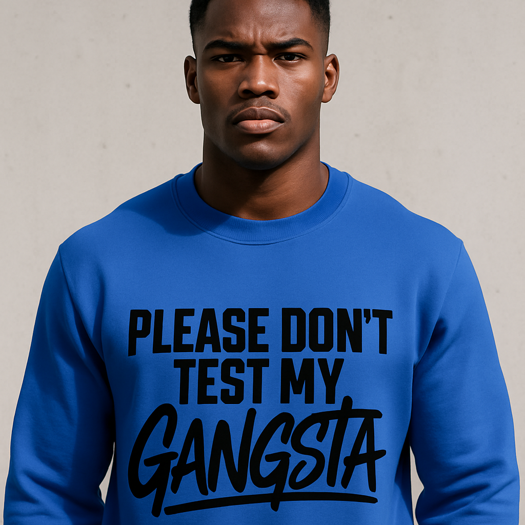 Man wearing a blue sweatshirt with text 'PLEASE DON'T TEST MY GANGSTA' on a plain background