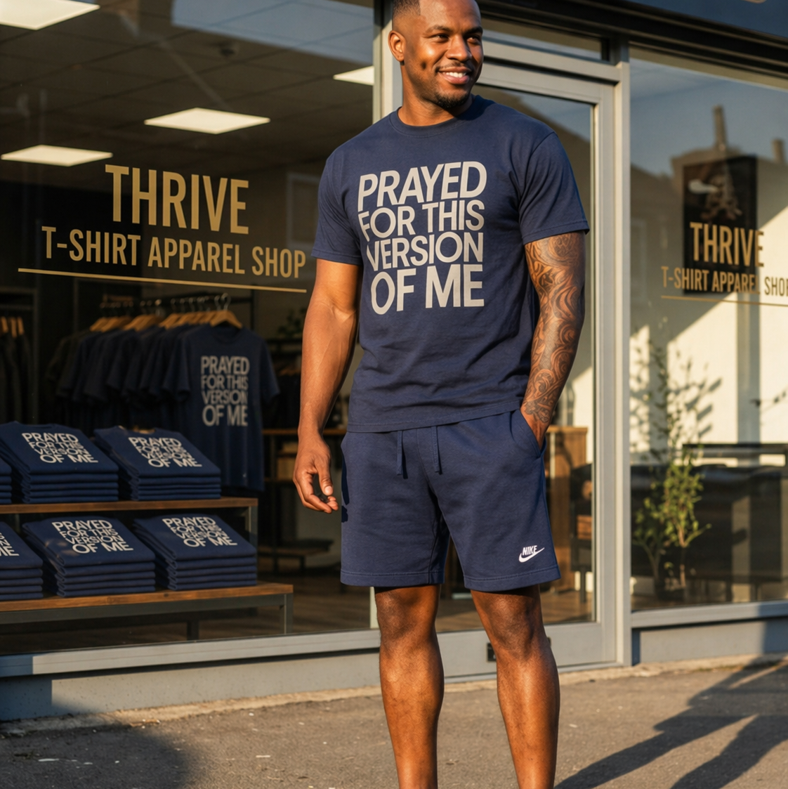 Man wearing a navy t-shirt with text standing in front of a store named 'Thrive T-Shirt Apparel Shop'.