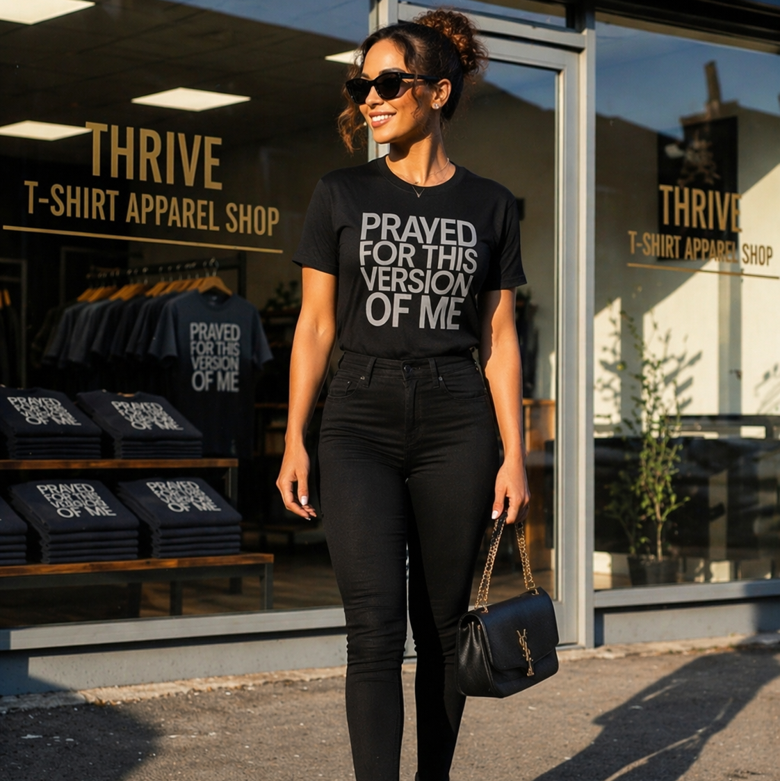 Woman wearing a black t-shirt with text standing in front of a store named 'Thrive'.