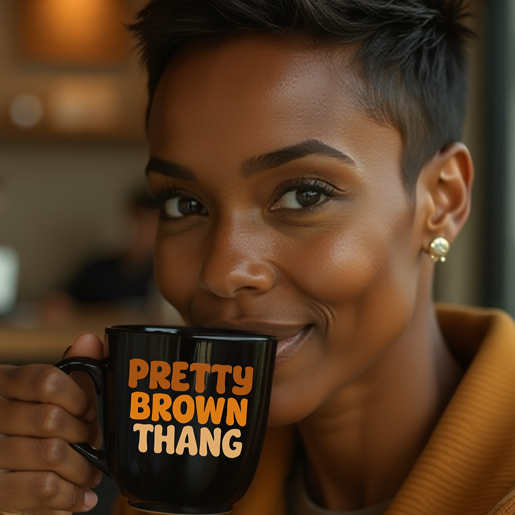 Woman holding a mug with 'Pretty Brown Thing' text, wearing a mustard jacket.