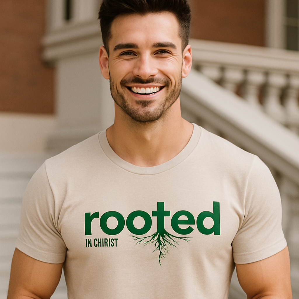 Man wearing a beige t-shirt with 'rooted in Christ' design, standing outdoors.