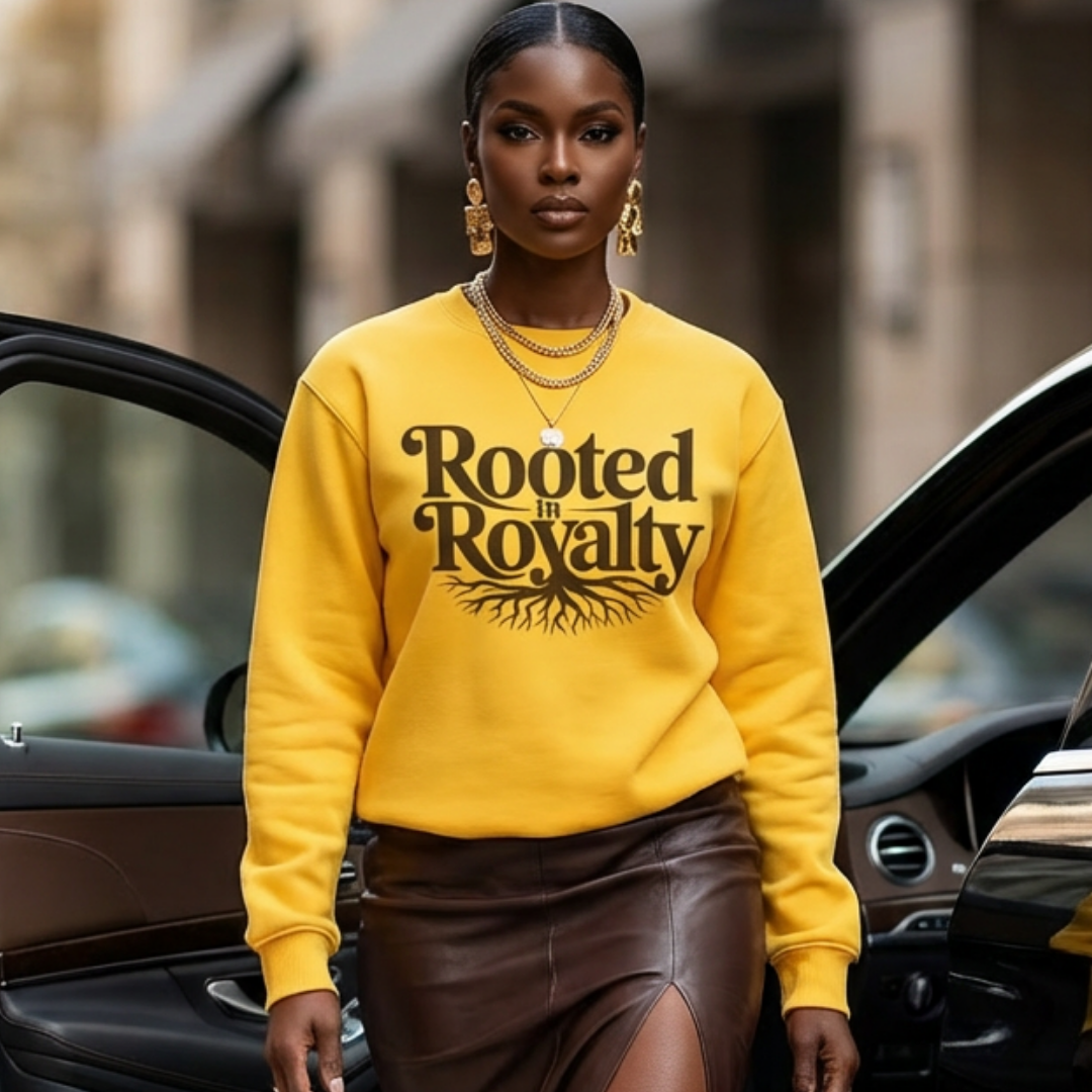 Woman wearing a yellow sweatshirt with 'Rooted in Royalty' text, standing next to a car.