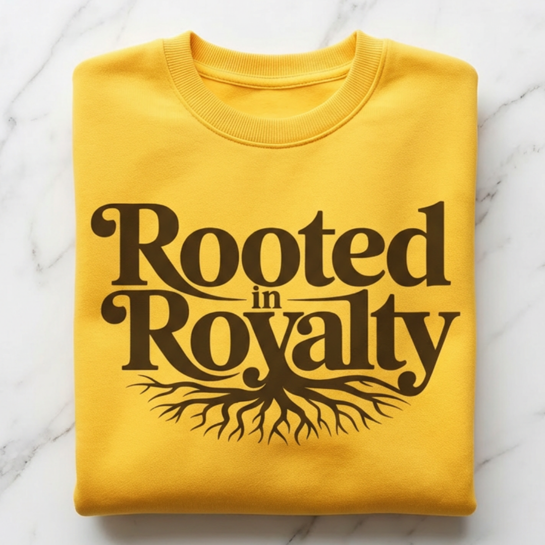 Yellow sweatshirt with 'Rooted in Royalty' text on a marble background